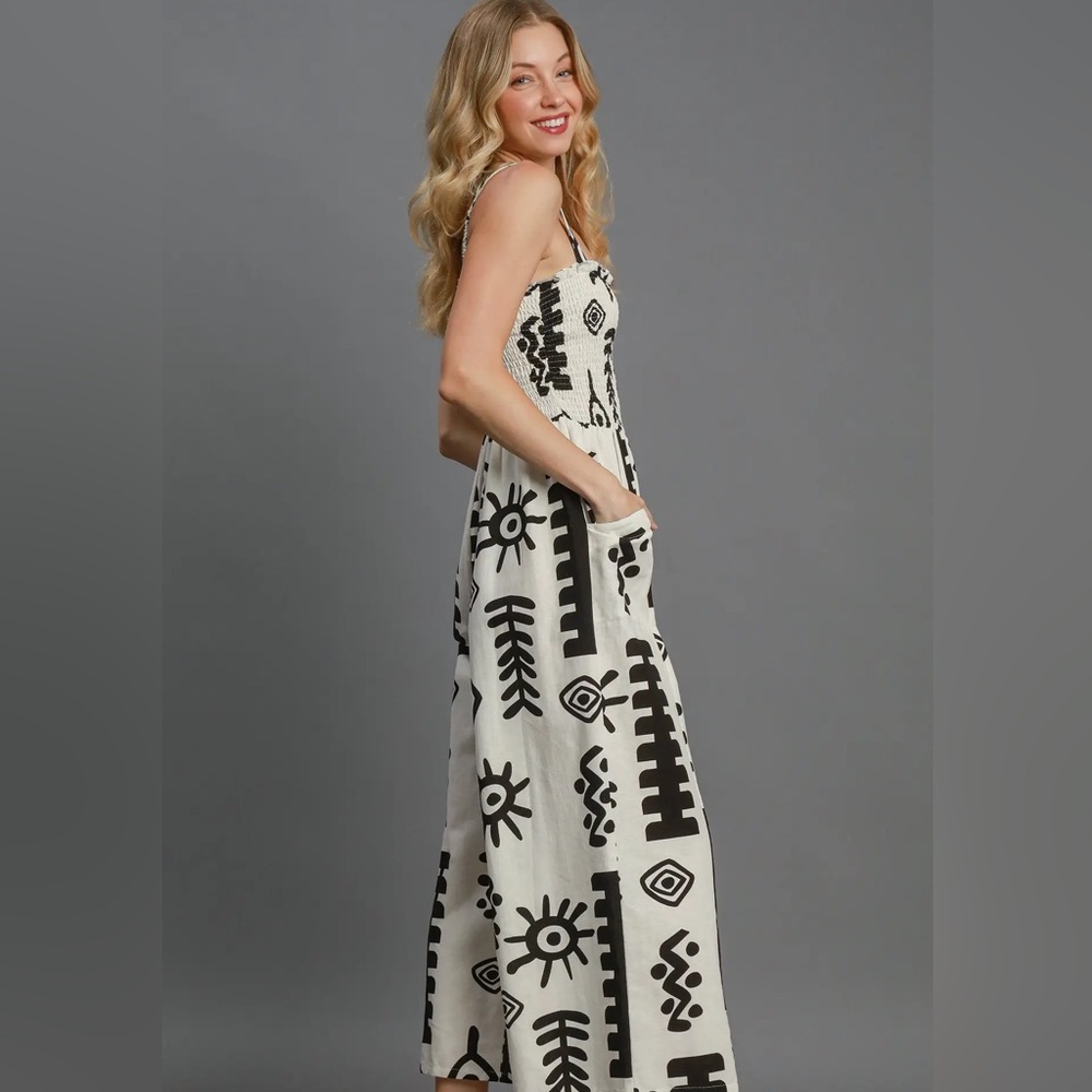 Smocked Square-Neck Wide-Leg Jumpsuit in Black & Cream - Picture 2 of 3